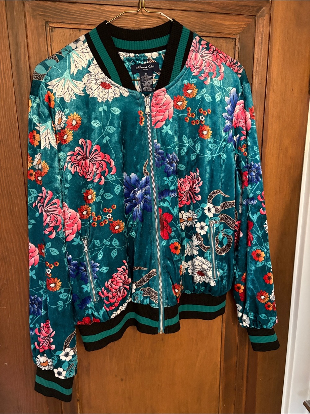 Anna cai Teal Floral Velvet Bomber with Multicolor Blooms